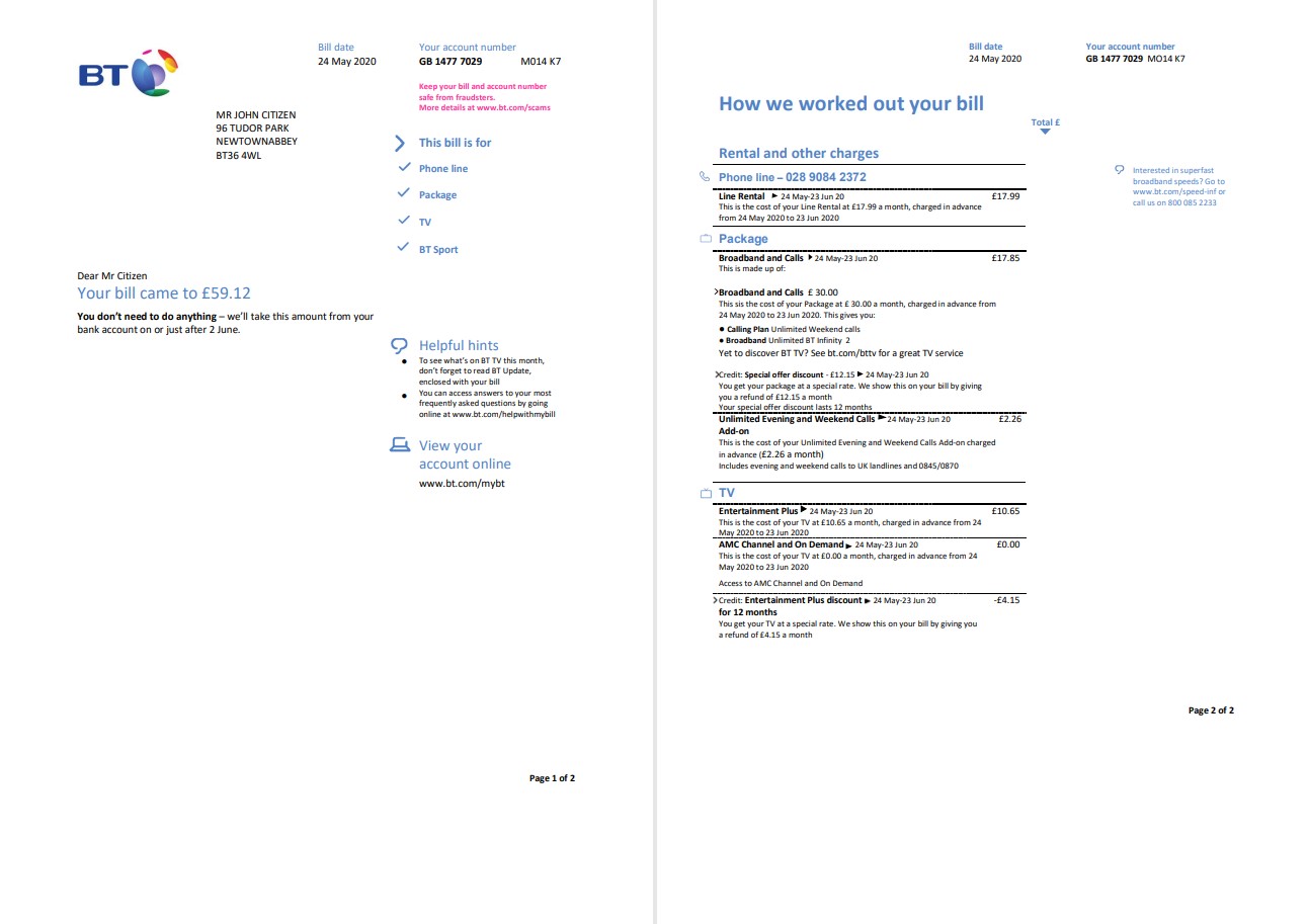 United Kingdom BT utility bill template in Word and PDF format, 2 pages